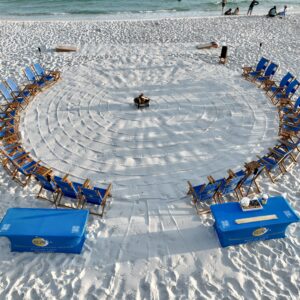 Sunset Shindig private beach bonfire setup — part of Miramar Beach & 30A Beach Bonfire Packages.