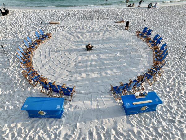 Sunset Shindig private beach bonfire setup — part of Miramar Beach & 30A Beach Bonfire Packages.